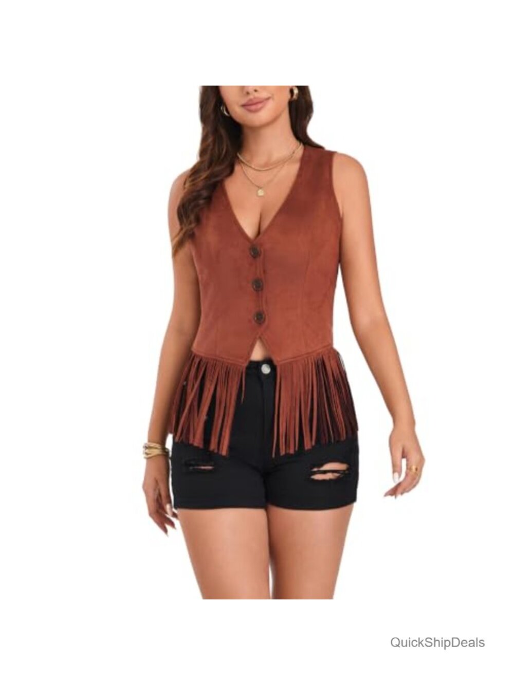 Faux Suede Fringe Vest Sleeveless V-Neck Western Retro Button Short